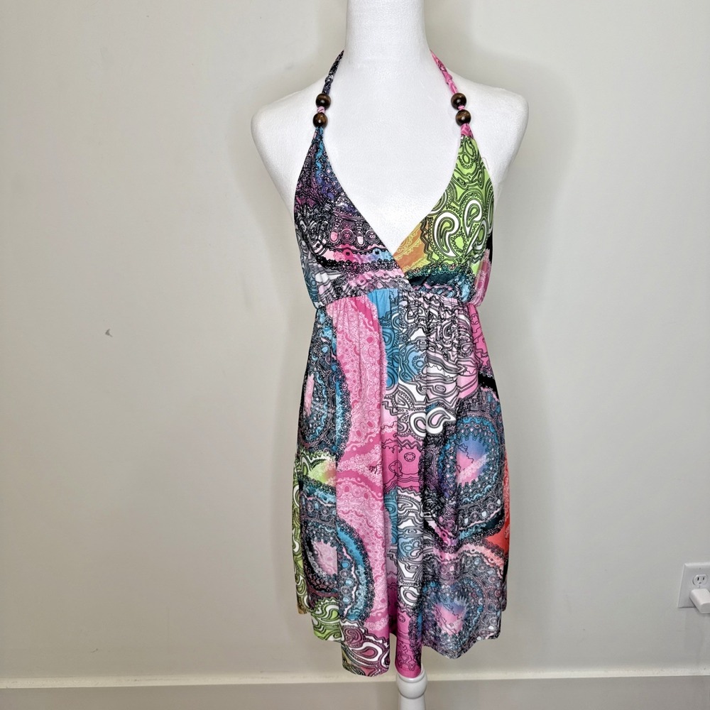 Vintage Y2K Fairy Grunge Babydoll Beaded Halter Dress Whimsical Festival Club L